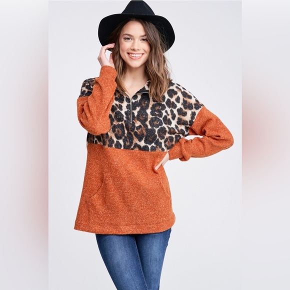 NWT White Birch Long Sleeve Cheetah Print Quarter Zip Pullover Sweater, Rust - Picture 2 of 8